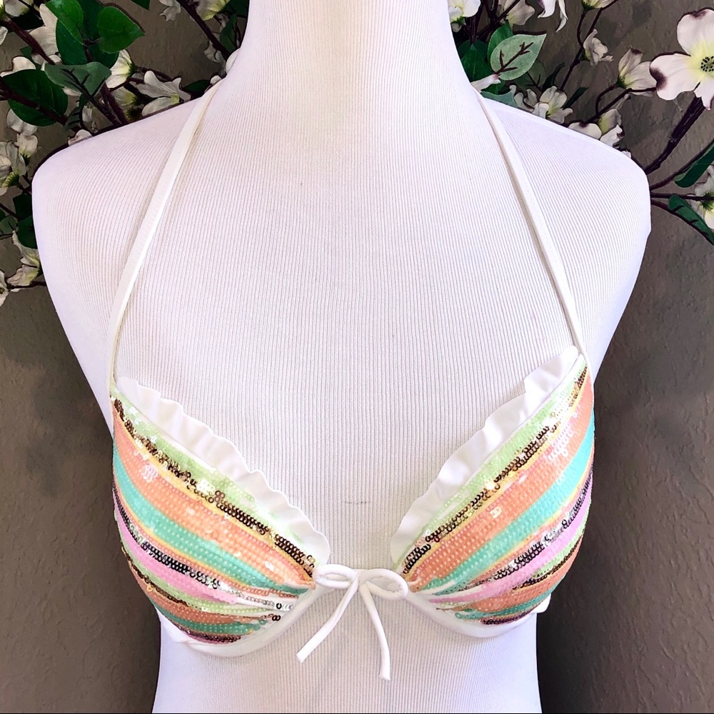 EUC VS FABULOUS Sequin Ruffle Halter Bikini Top